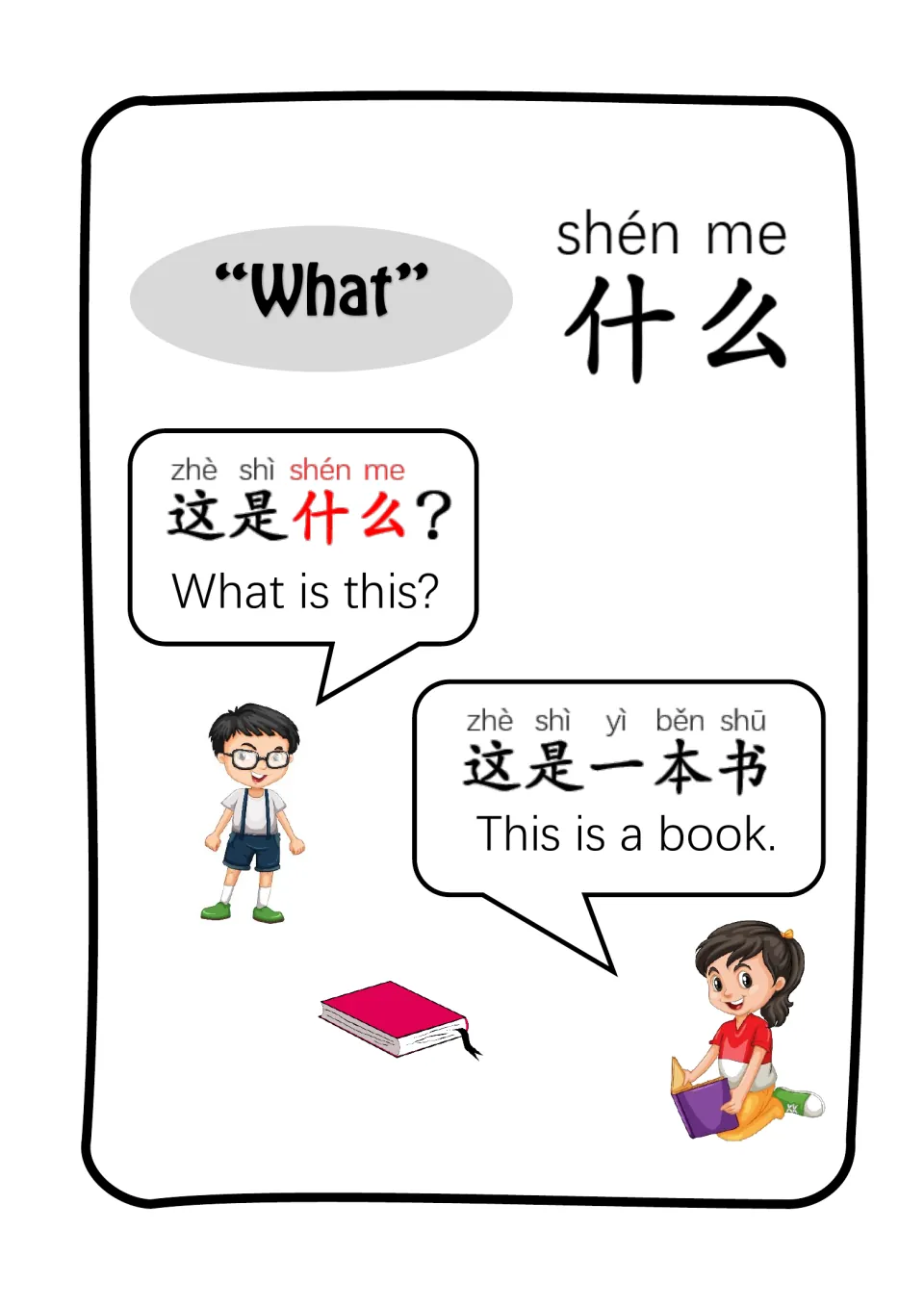 Chinese 什么 (what) example dialogue: 'What is this?' and 'This is a book,' with pinyin and English text