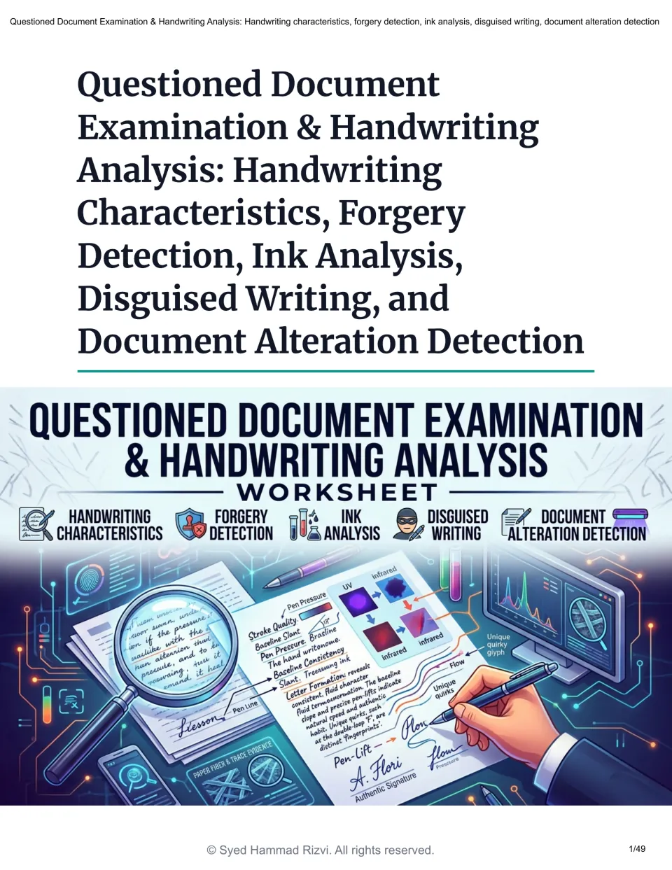 Forensic document examination unit cover naming handwriting analysis, forgery, ink, and document alterations