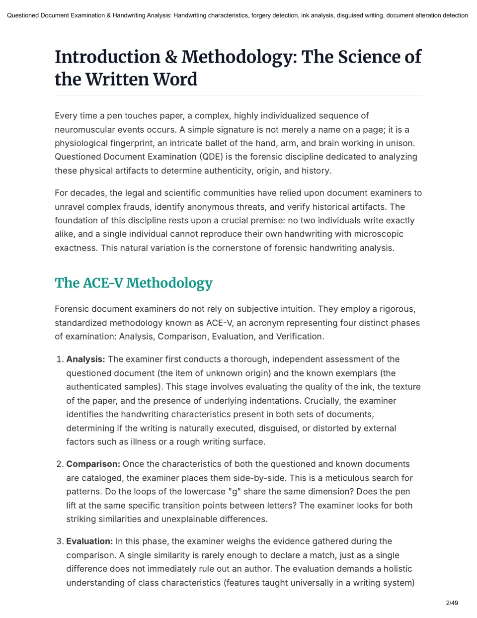 Introduction reading explains document examination and begins the ACE-V analysis, comparison, and evaluation steps