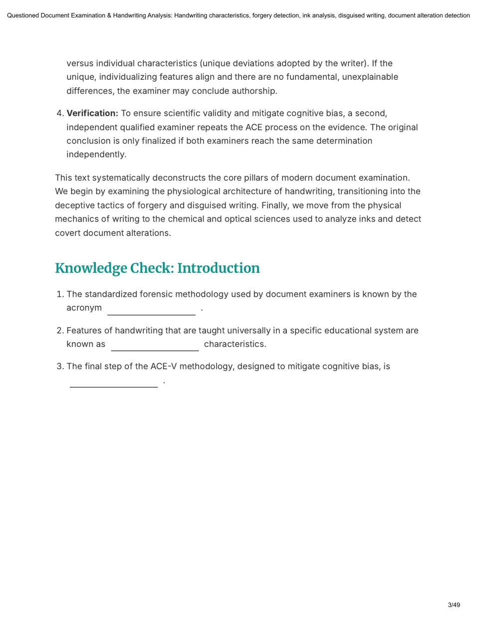 Introduction concludes with ACE-V verification and three knowledge-check questions on methodology and characteristics