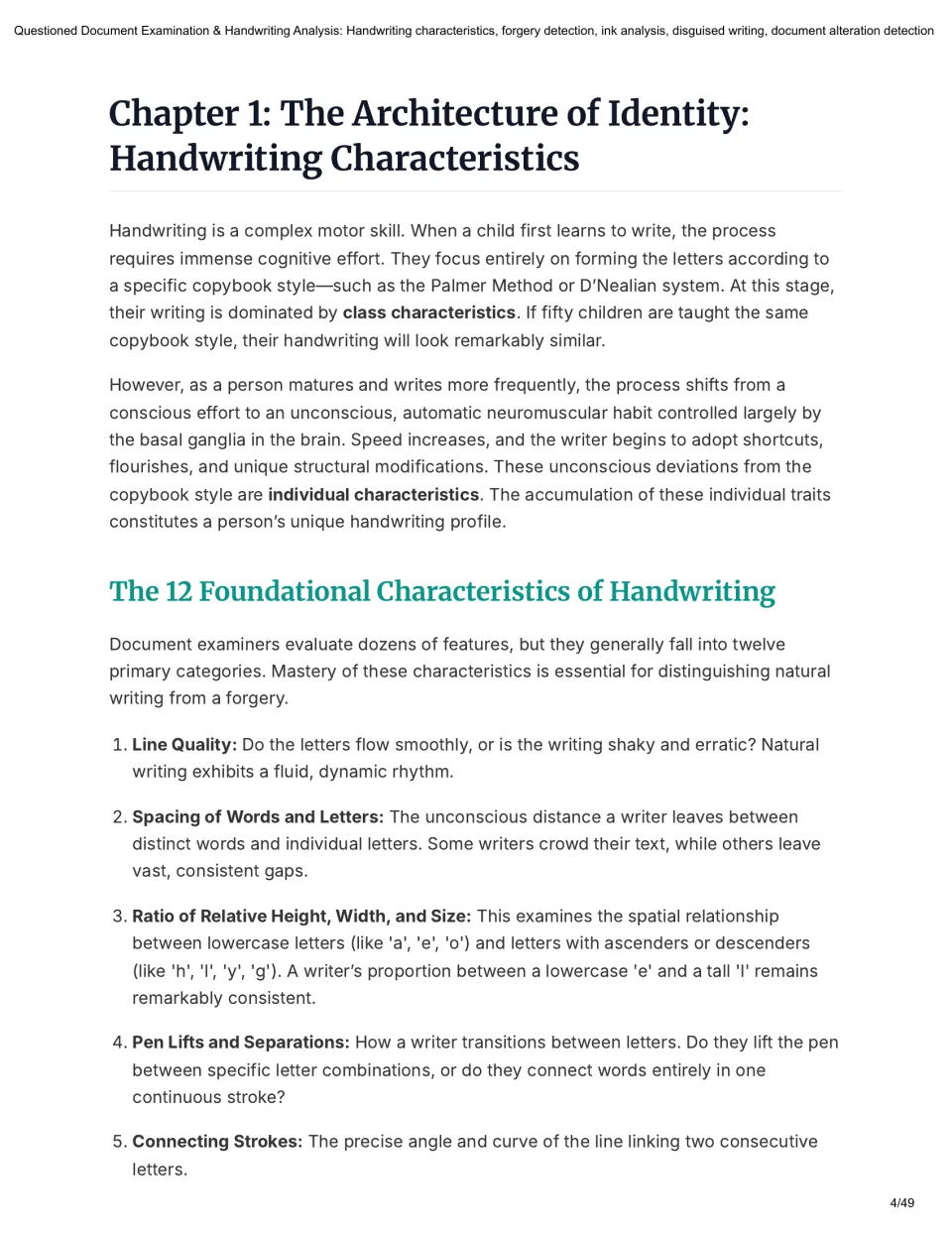 Chapter 1 reading distinguishes class and individual handwriting traits and introduces the first five characteristics