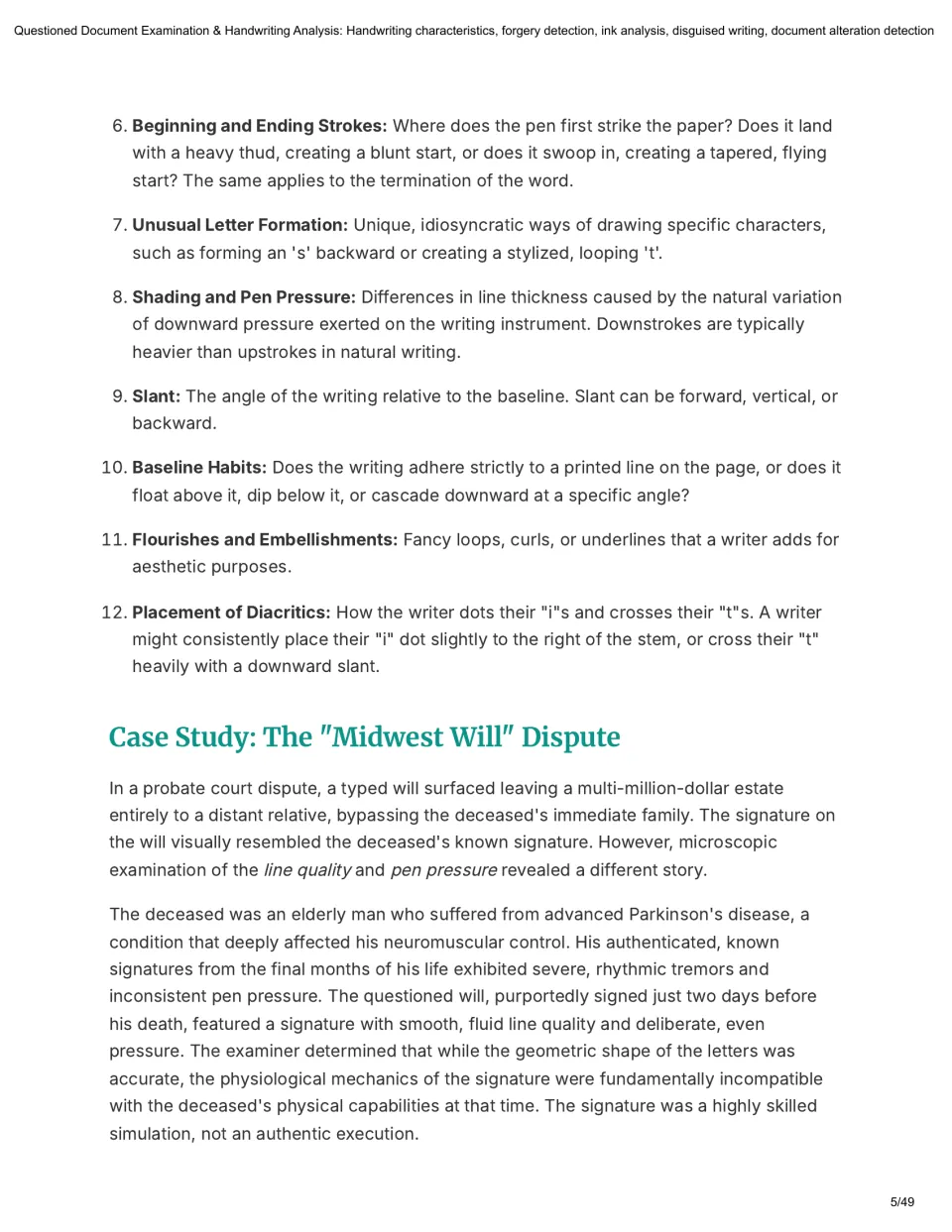 Chapter 1 continues handwriting characteristics 6–12 and examines signature evidence in the Midwest Will dispute