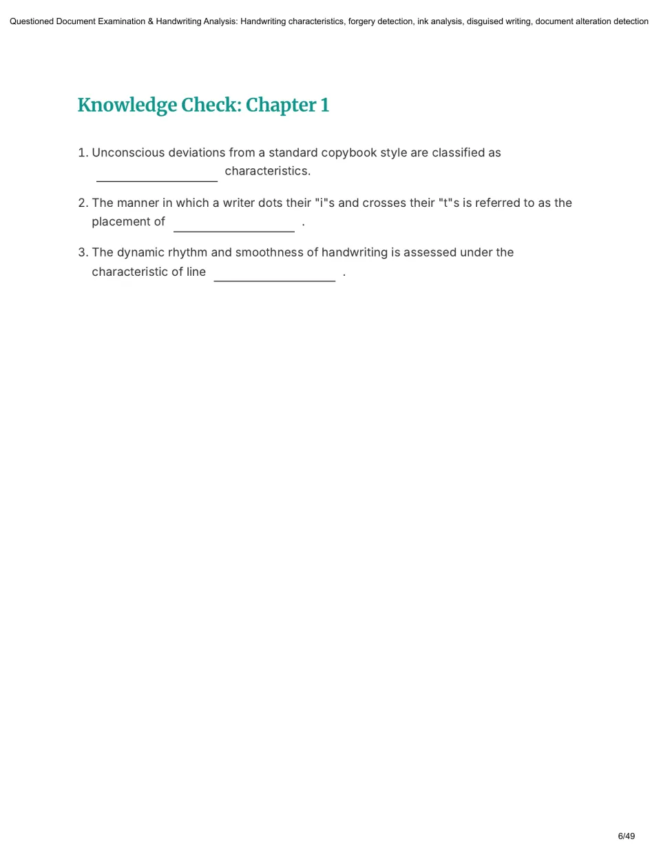 Chapter 1 knowledge check asks three fill-in-the-blank questions on individual traits, diacritics, and line quality