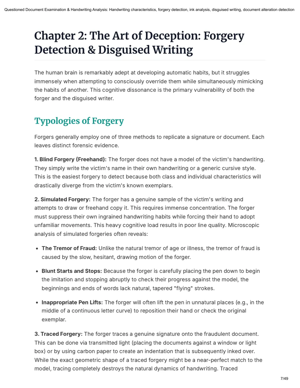 Chapter 2 reading introduces blind, simulated, and traced forgery, including tremor, blunt strokes, and pen lifts