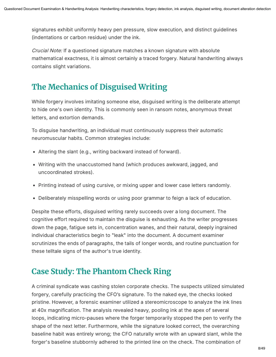 Chapter 2 continues traced forgery, explains disguised writing, and begins the Phantom Check Ring case study
