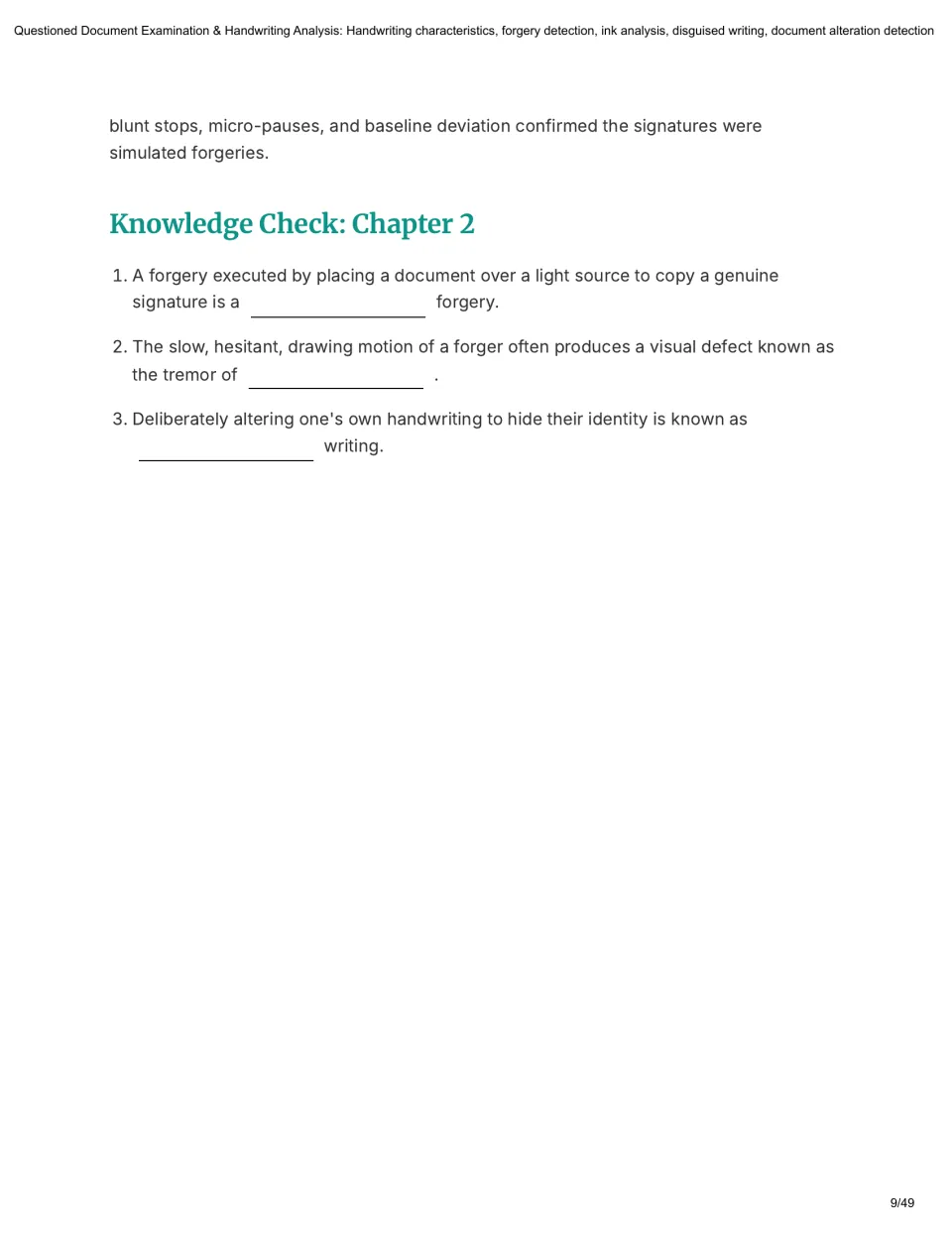 Chapter 2 closes the check-forgery case and asks three questions on traced forgery, fraud tremor, and disguised writing