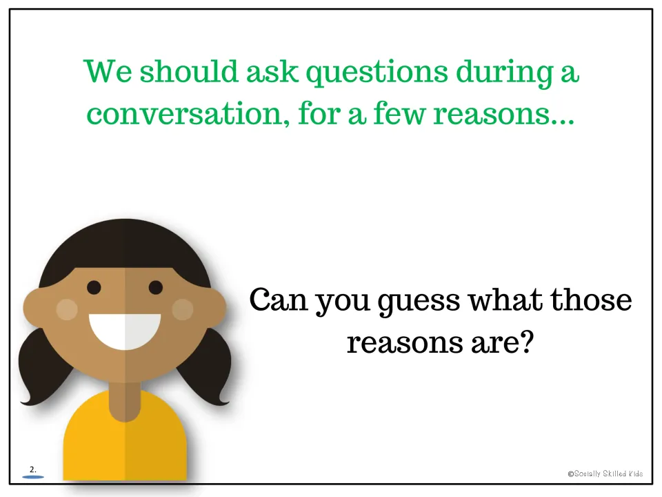 Lesson page 2 asks students to guess the reasons people should ask questions during a conversation.