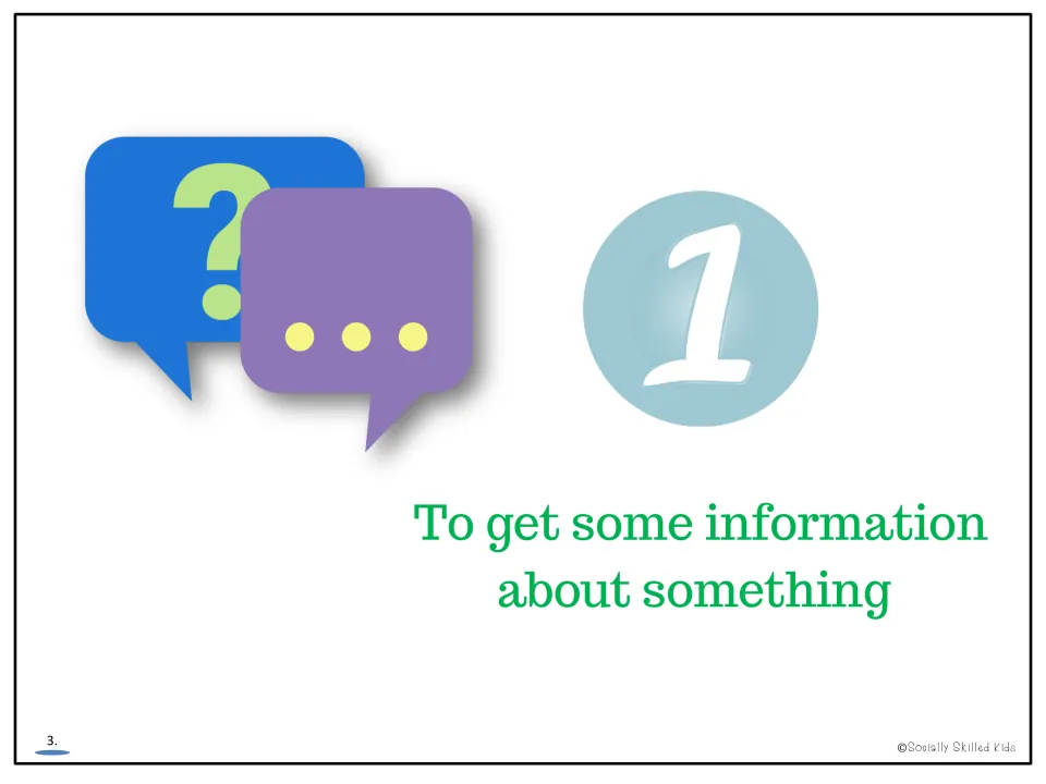 Lesson page 3 presents the first reason for asking questions: 'To get some information about something.'