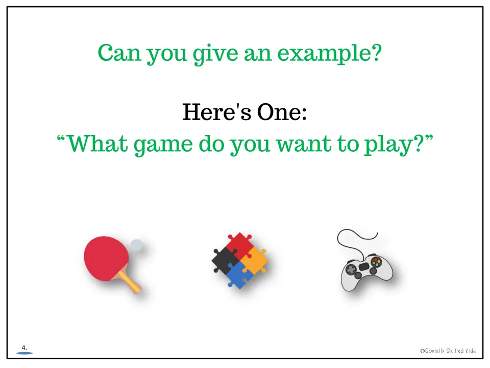 Lesson page 4 asks for an example of getting information and models, 'What game do you want to play?'
