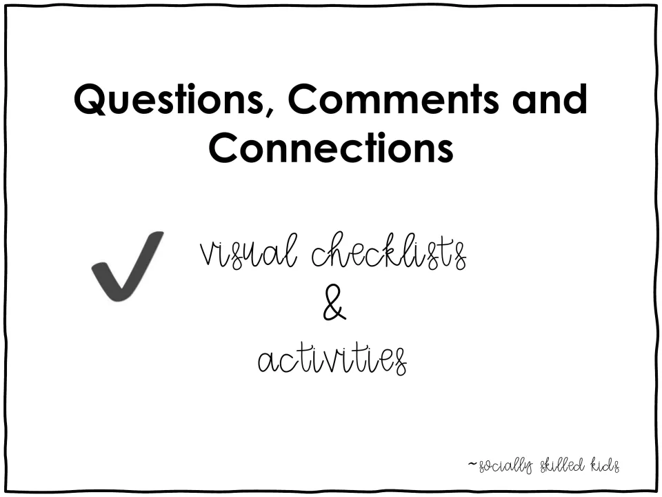 Cover for Questions, Comments and Connections, identifying the resource as visual checklists and activities