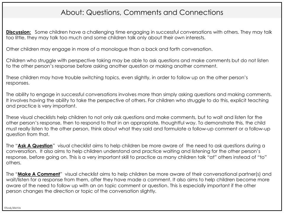 Teacher guidance explains how question and comment checklists support listening and on-topic follow-up