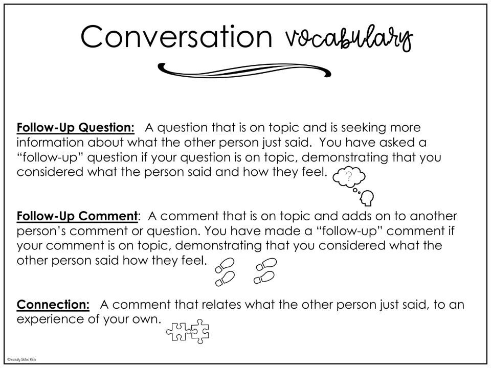 Conversation vocabulary defines a follow-up question, a follow-up comment, and a connection to an experience