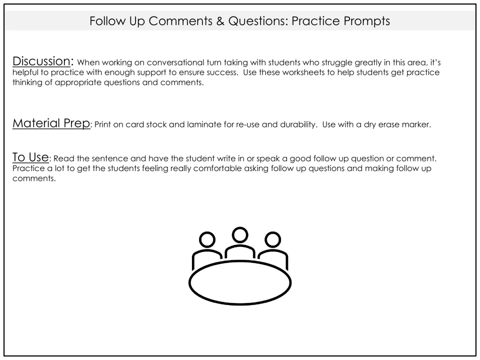 Practice prompt directions explain printing, laminating, and having students speak or write follow-up responses