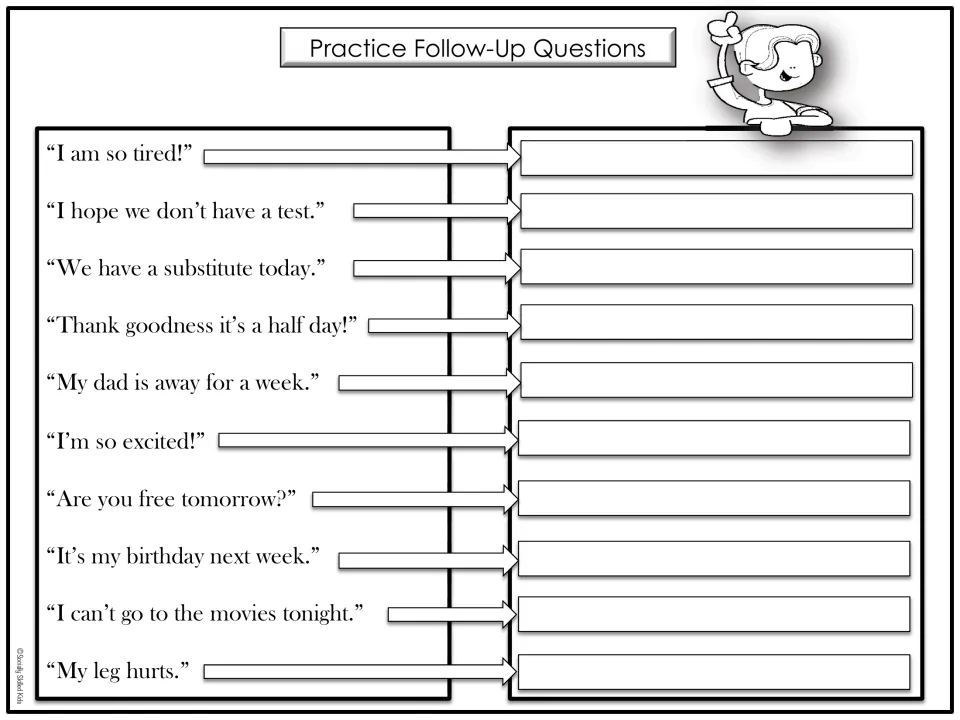 First follow-up question sheet has 10 prompts, including “I am so tired!” and “It’s my birthday next week.”