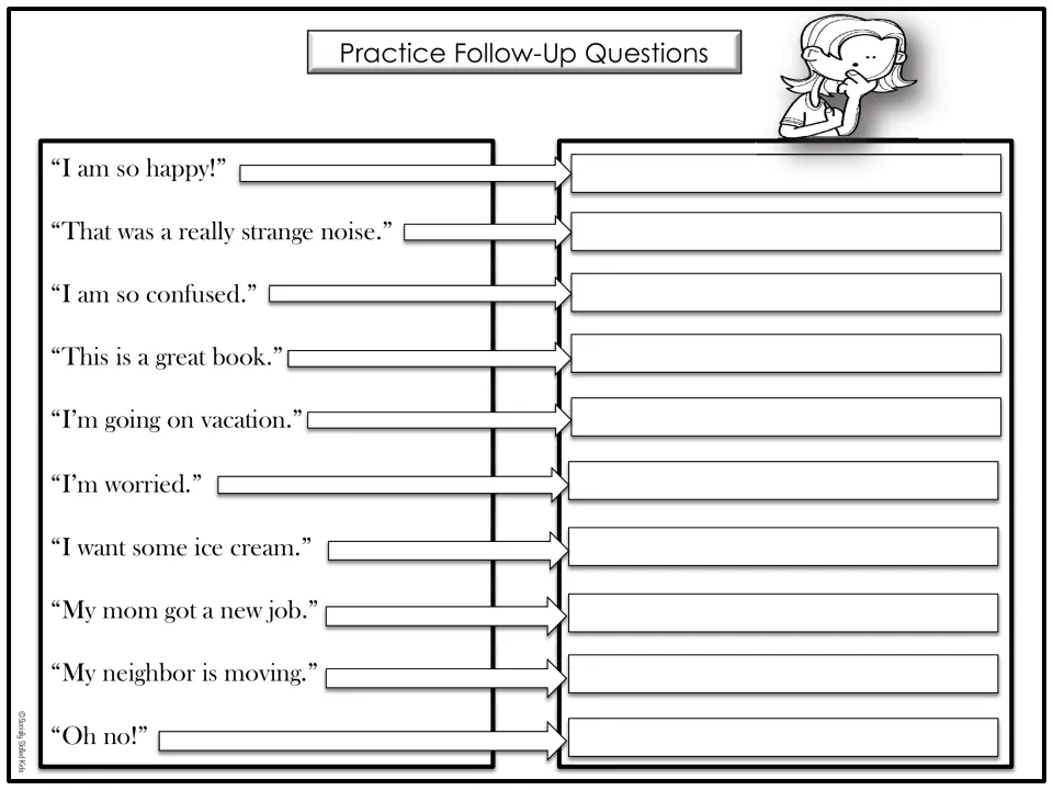 Second follow-up question sheet has 10 prompts, including “I am so happy!” and “My neighbor is moving.”