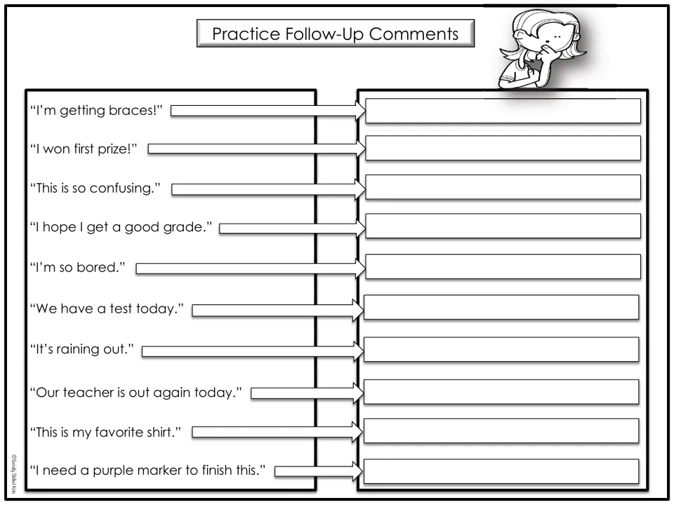 Second follow-up comment sheet has 10 prompts, including “I’m getting braces!” and “I won first prize!”