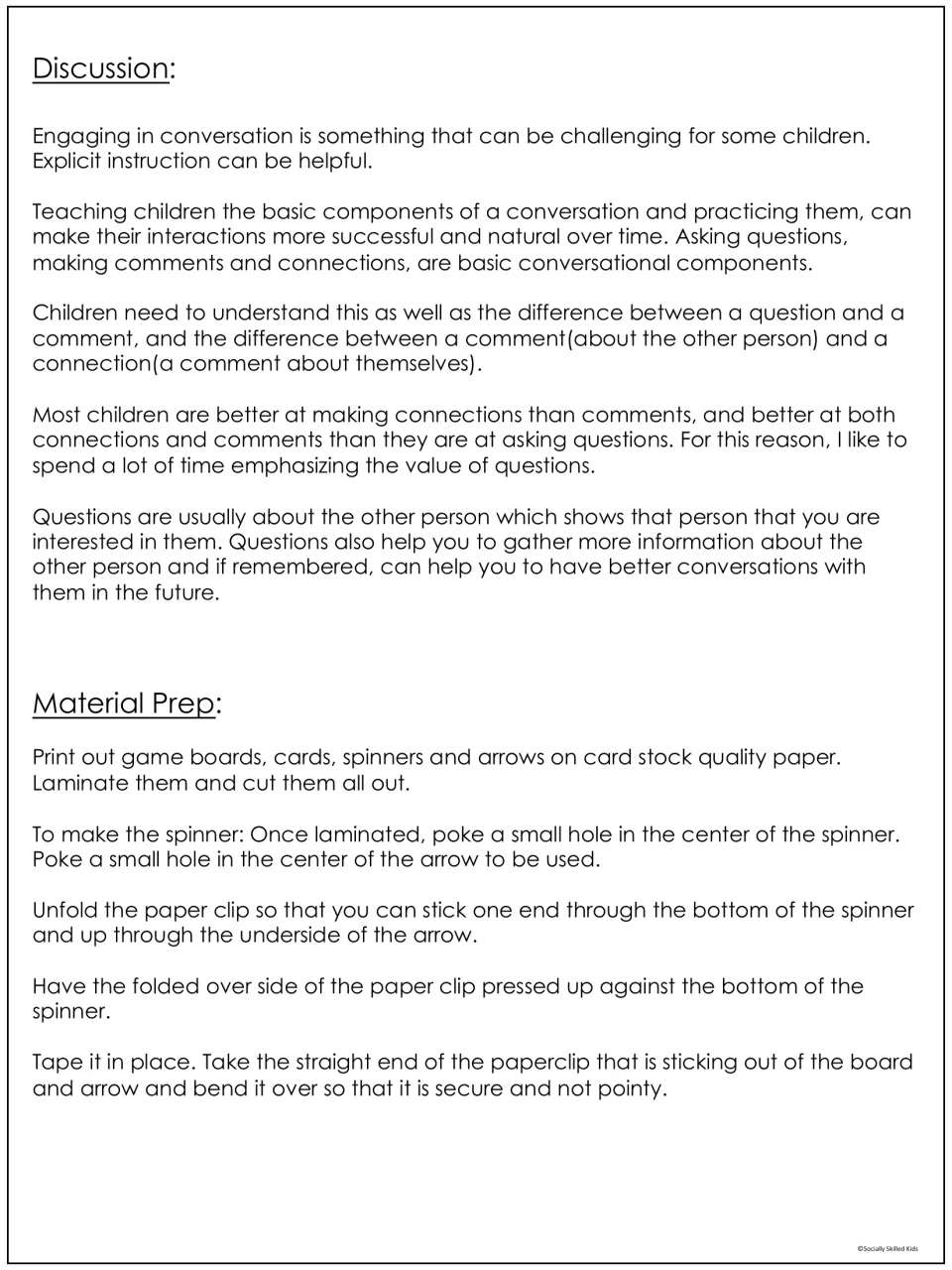 Teaching notes explain conversational questions, comments, and connections, followed by game preparation steps