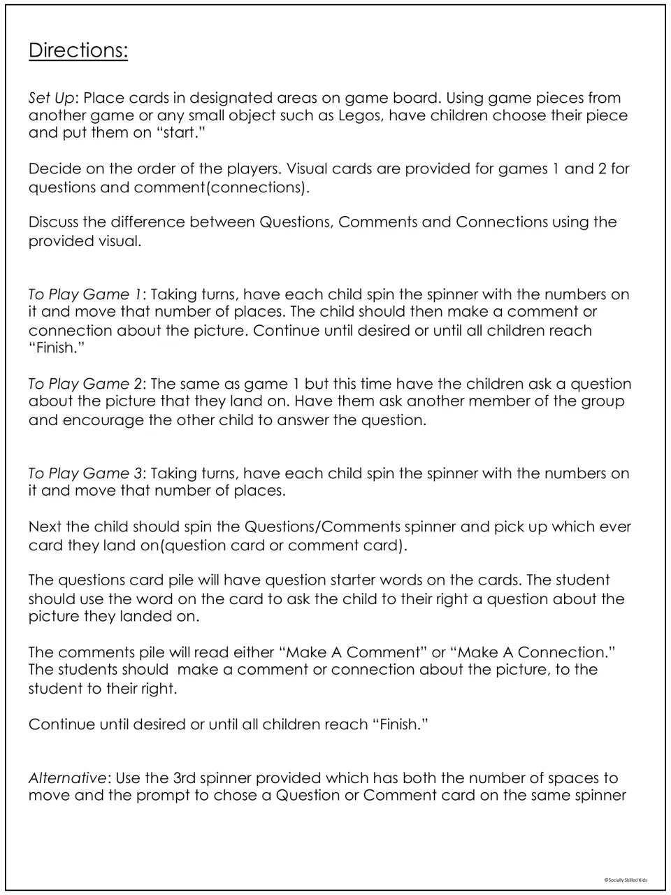 Game directions explain setup and three ways to practice comments, connections, and questions using pictures
