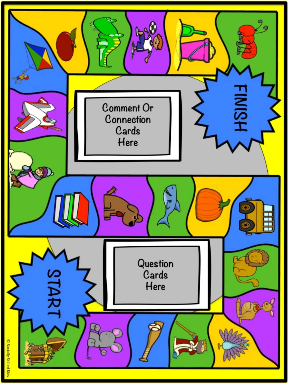 Conversation game board with apple, alligator, and soccer pictures plus places for question and comment cards