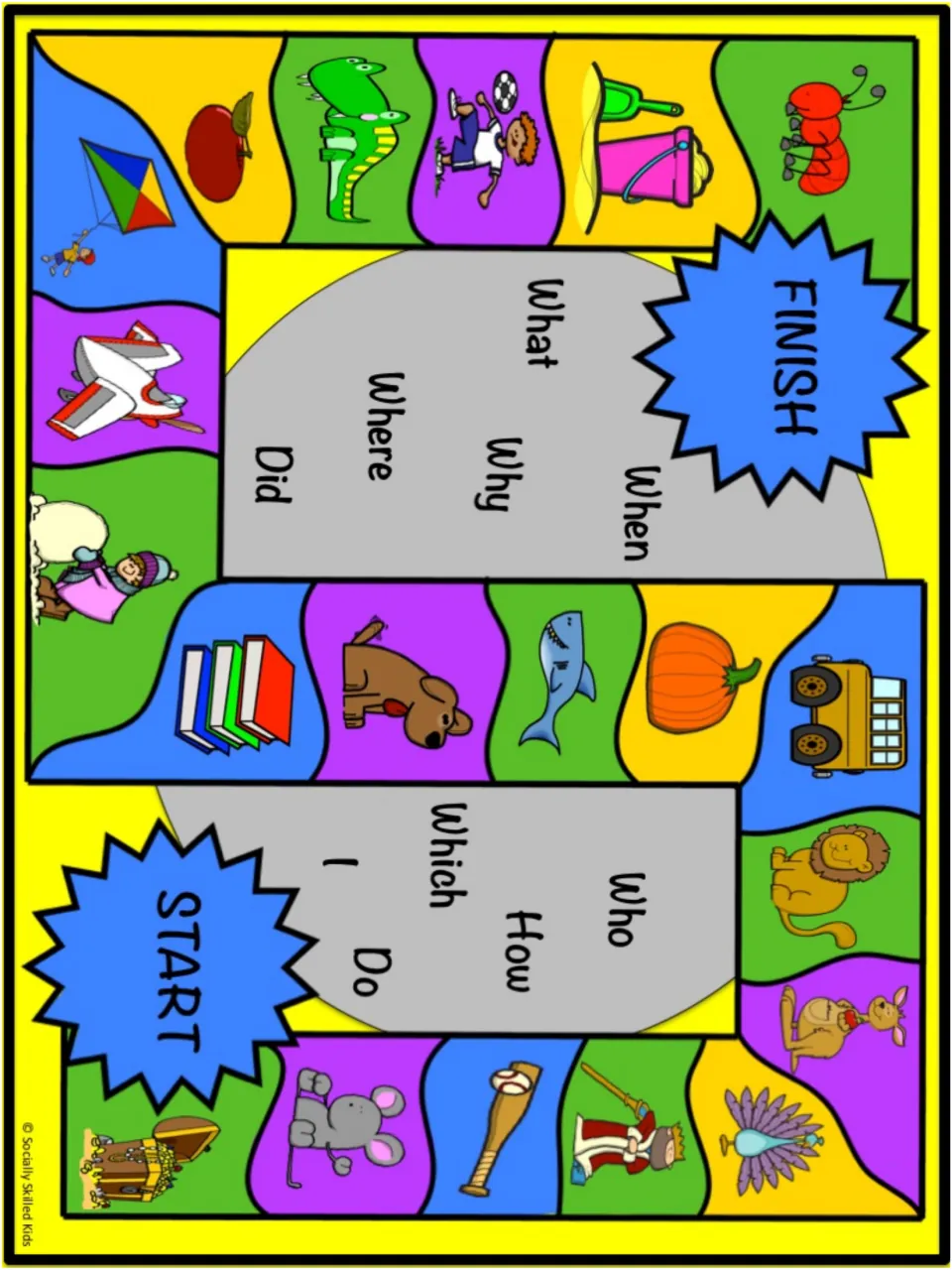 Conversation game board repeats the apple and alligator picture path with starters including What, Why, and Who