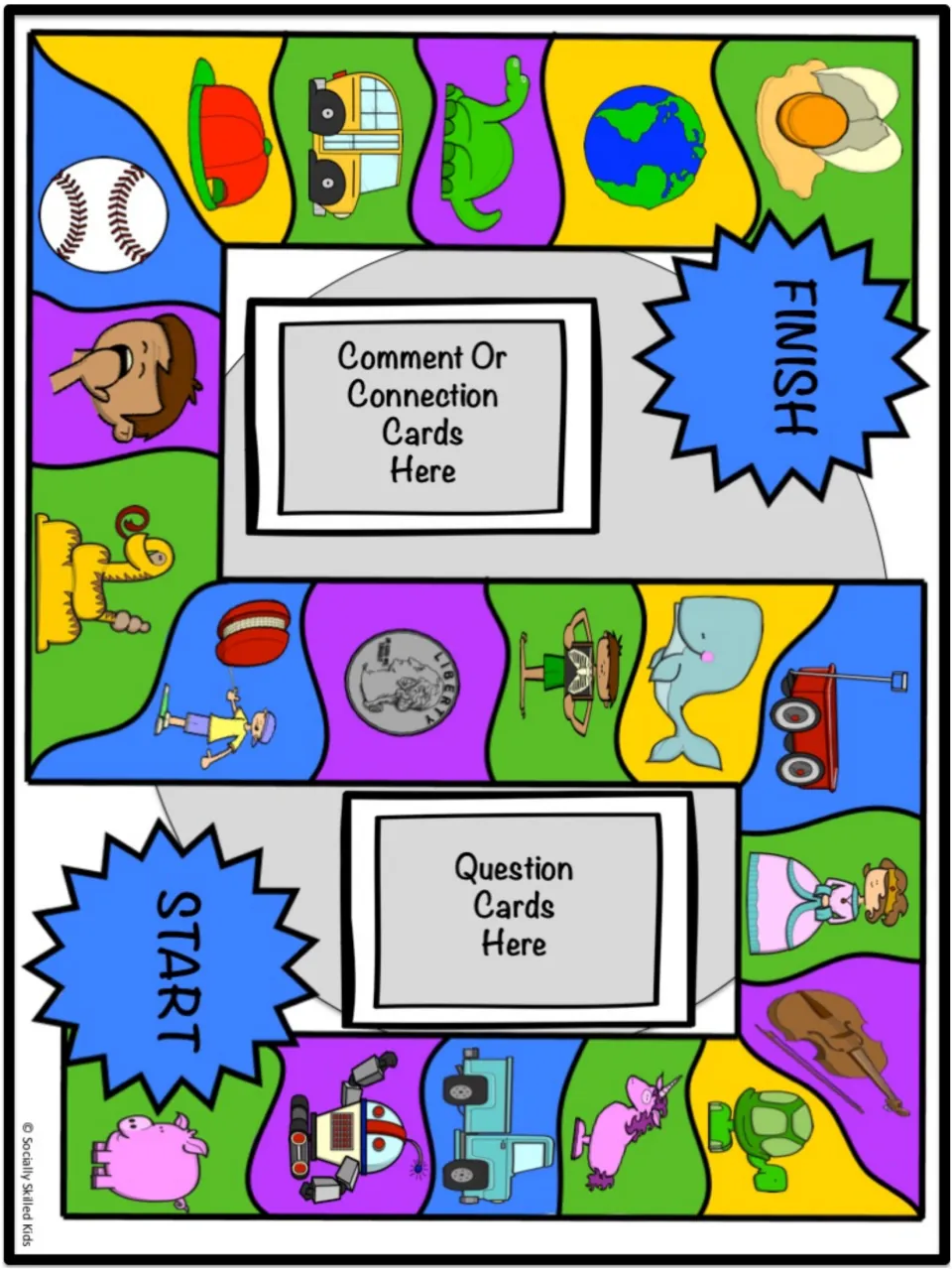 Conversation game board with baseball, cap, and bus pictures plus places for question and comment cards