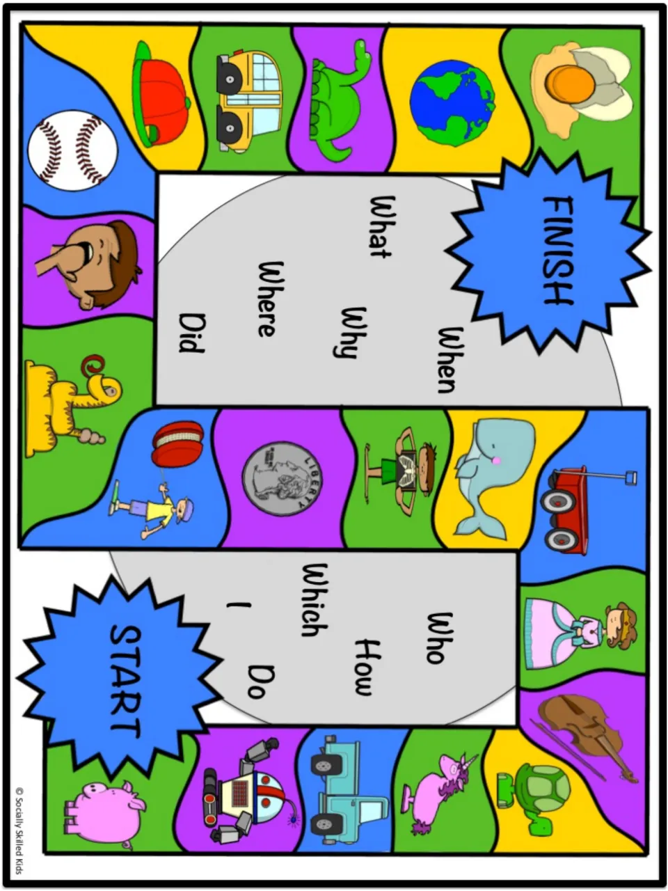 Conversation game board repeats the baseball and bus picture path with starters including Where, When, and How