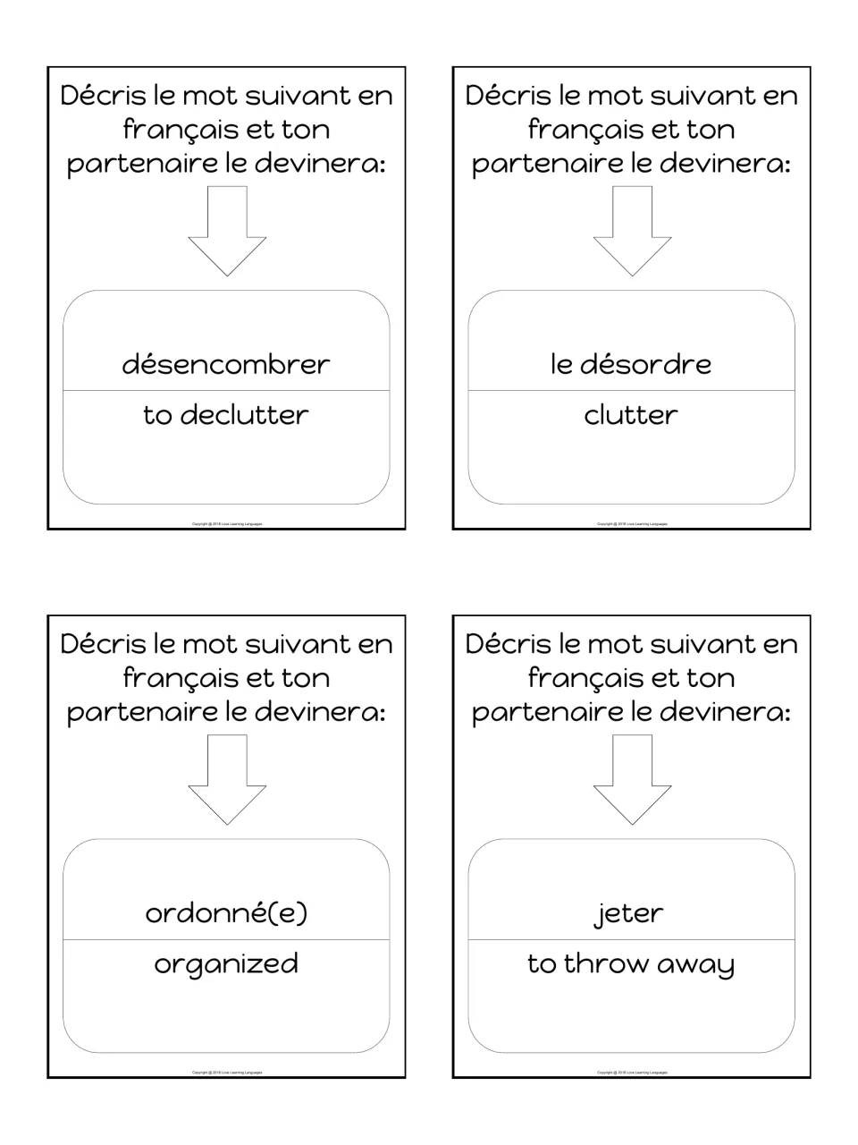 French decluttering word cards: students describe désencombrer, le désordre, ordonné(e) and jeter for a partner to guess