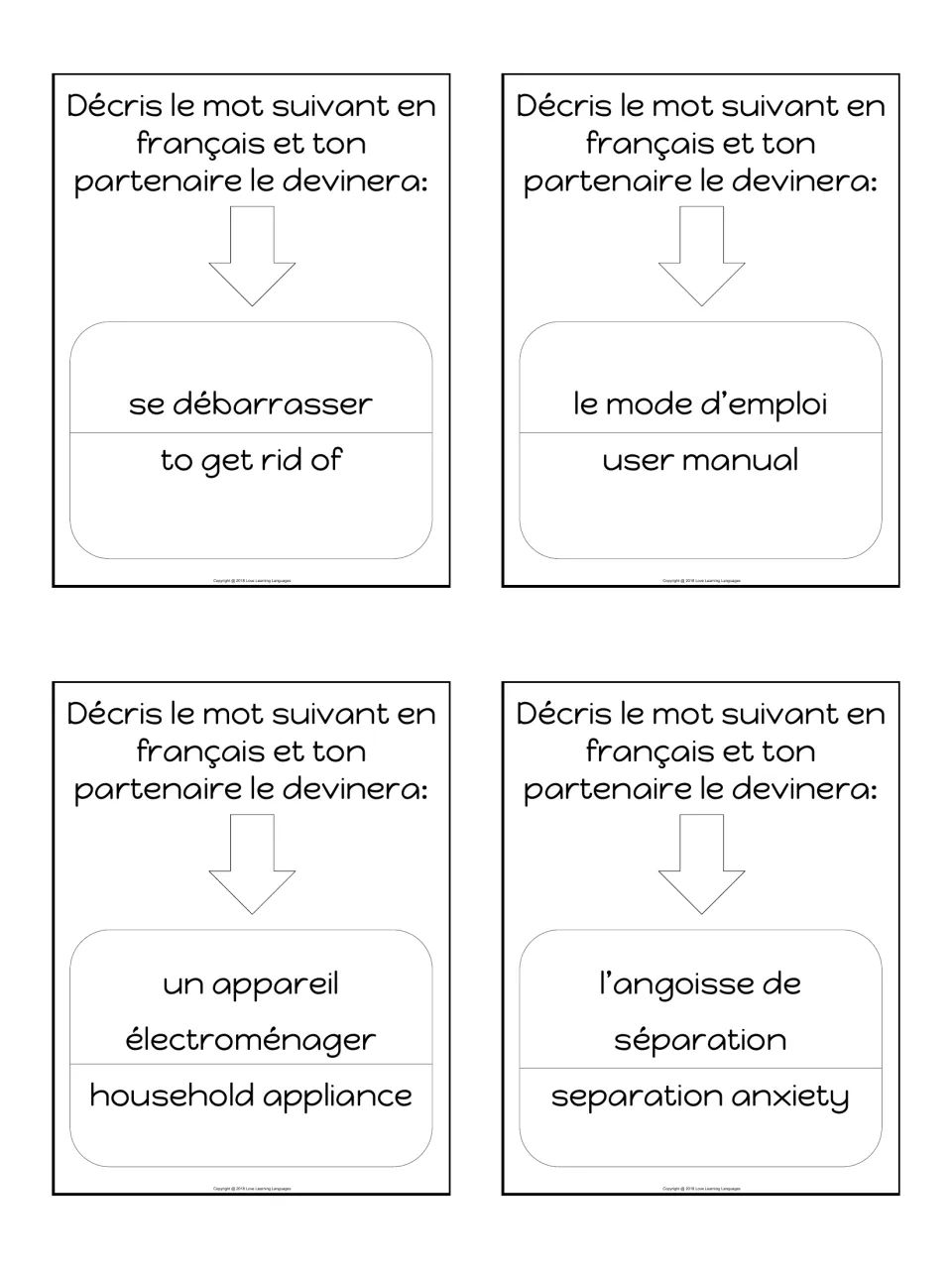Speaking cards in French: describe se débarrasser, le mode d'emploi, un appareil électroménager, l'angoisse de séparation