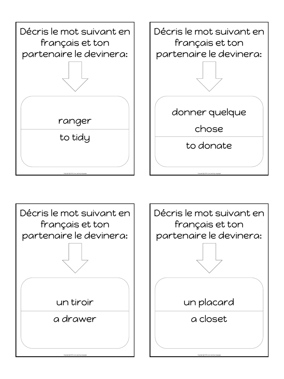 French tidying word cards: students describe ranger, donner quelque chose, un tiroir and un placard so a partner guesses