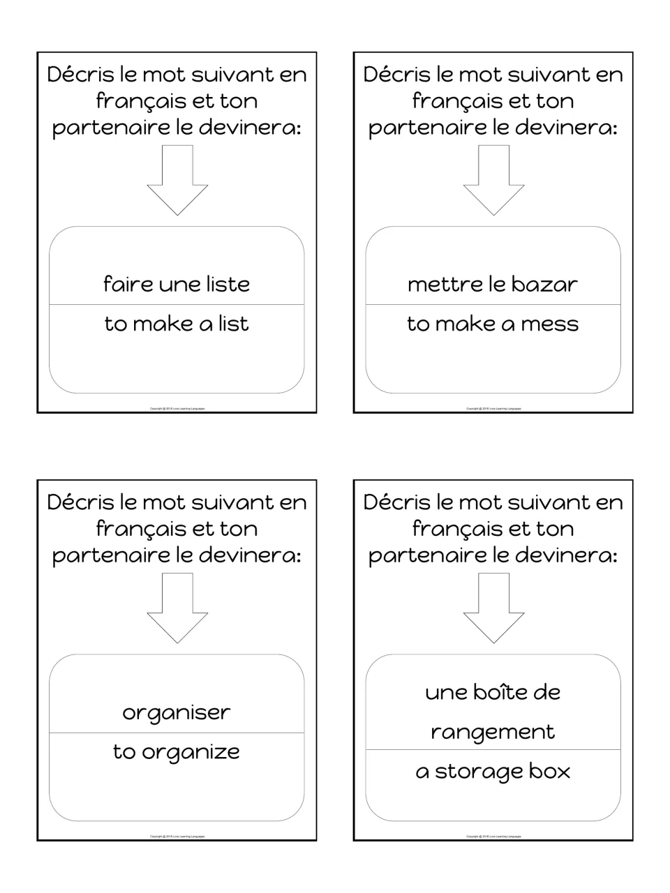 French organizing word cards: describe faire une liste, mettre le bazar, organiser and une boîte de rangement for a partner