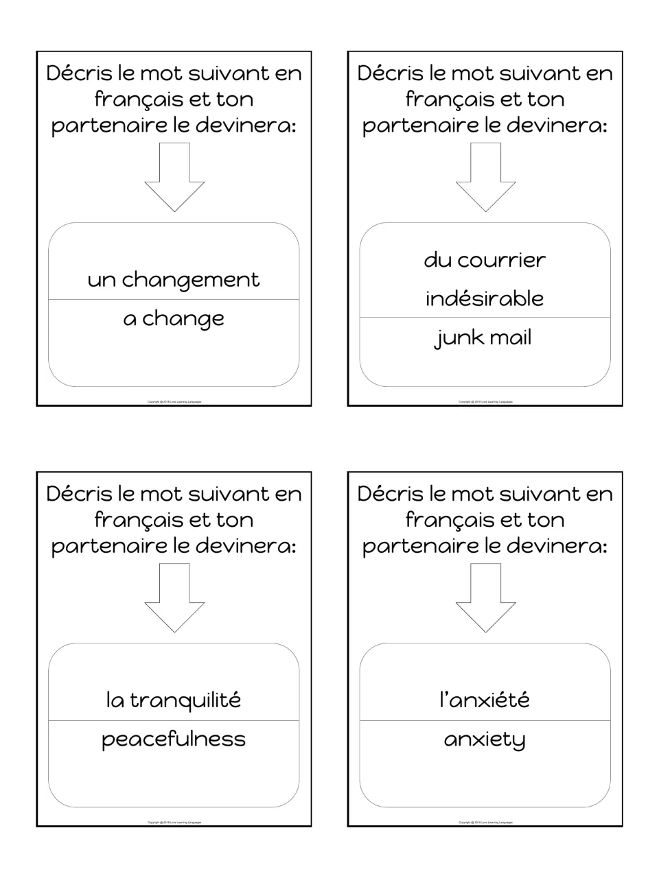 French feelings word cards: students describe un changement, du courrier indésirable, la tranquilité and l'anxiété