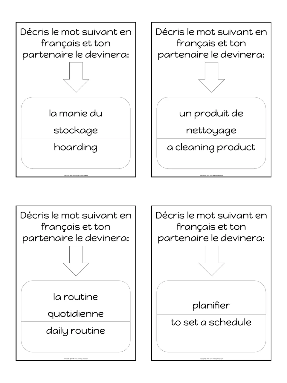 Cleaning habit cards: describe la manie du stockage, un produit de nettoyage, la routine quotidienne and planifier