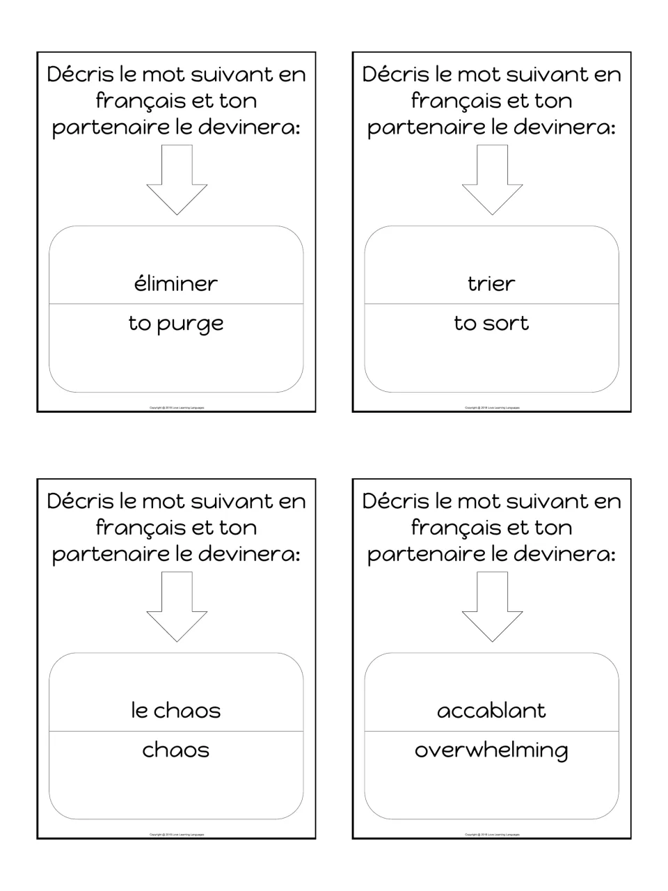 French sorting vocabulary cards: students describe éliminer, trier, le chaos and accablant in French while a partner guesses