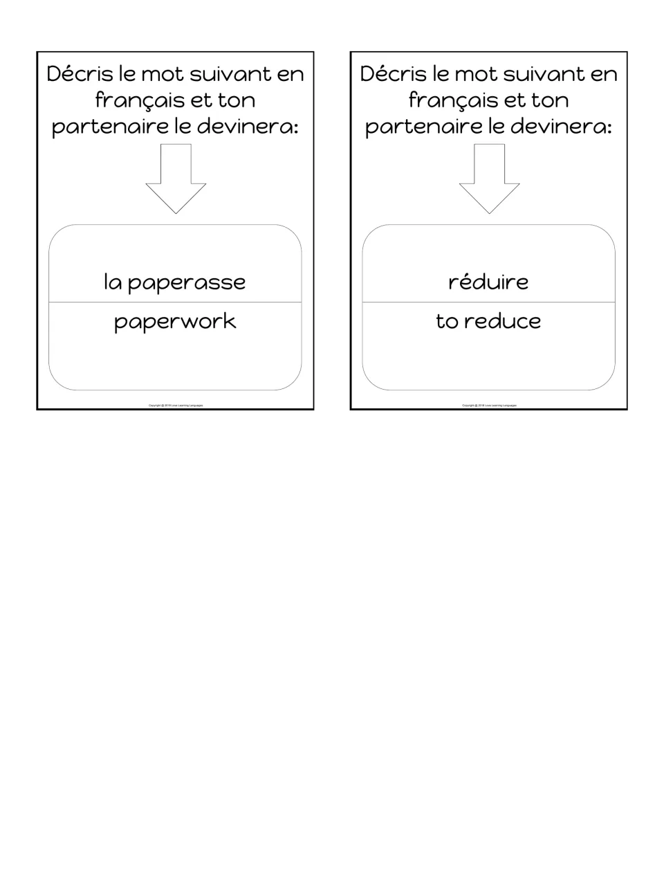 Final two French word cards: students describe la paperasse (paperwork) and réduire (to reduce) for a partner to guess