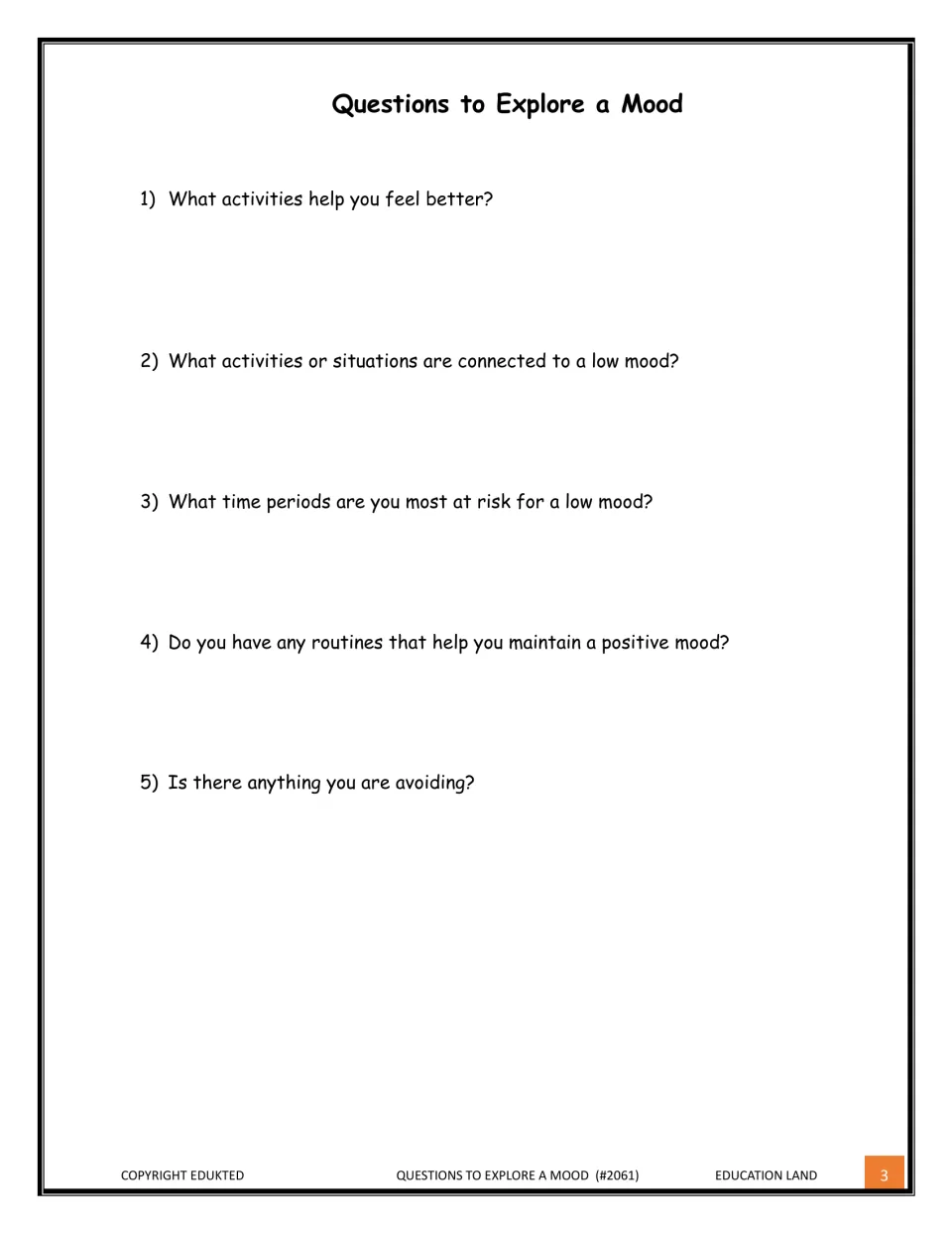 Mood reflection: students answer 5 questions about what lifts mood, low-mood triggers and times, routines and avoidance