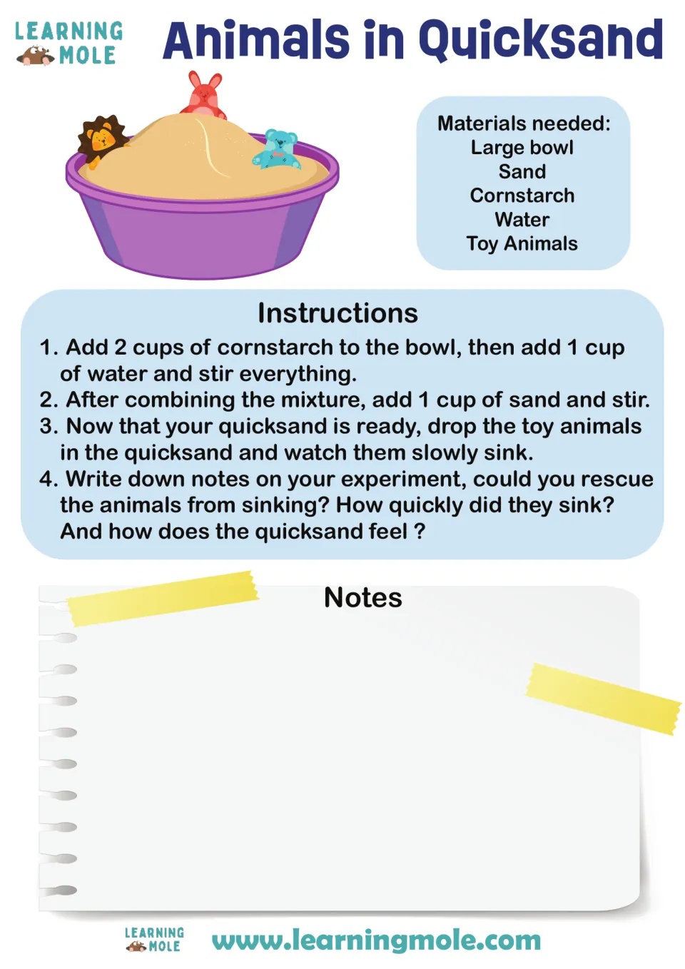 Animals in Quicksand: students mix cornstarch, water and sand, sink toy animals, then record notes on how they sank