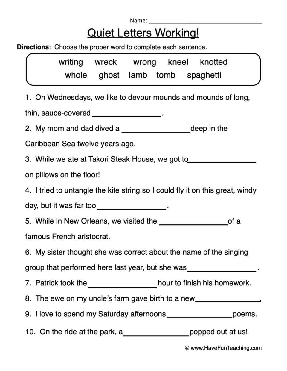 Silent-letter practice: 10 sentences to complete using writing, wreck, wrong, kneel, knotted and five more.