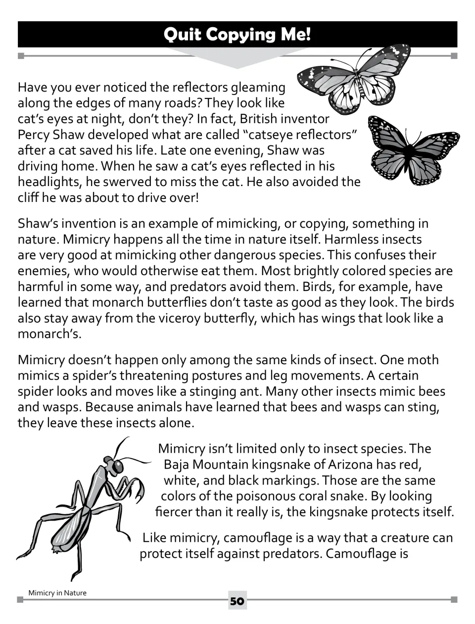 Article part 1 on mimicry: Percy Shaw's catseye reflectors, monarch and viceroy butterflies, and a kingsnake