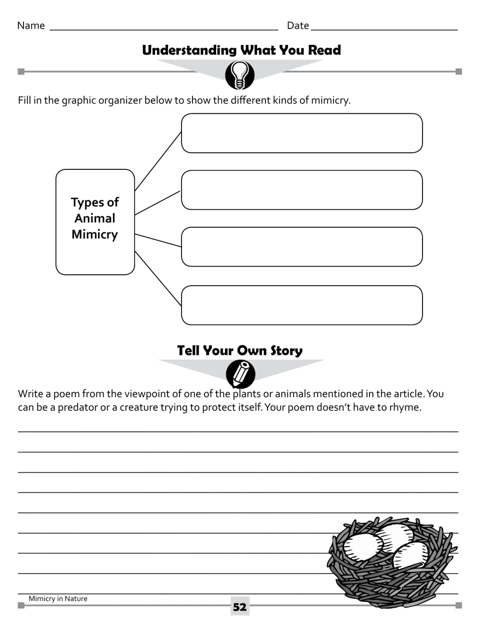 Comprehension page: organizer on four types of animal mimicry, plus a poem written from one creature's viewpoint