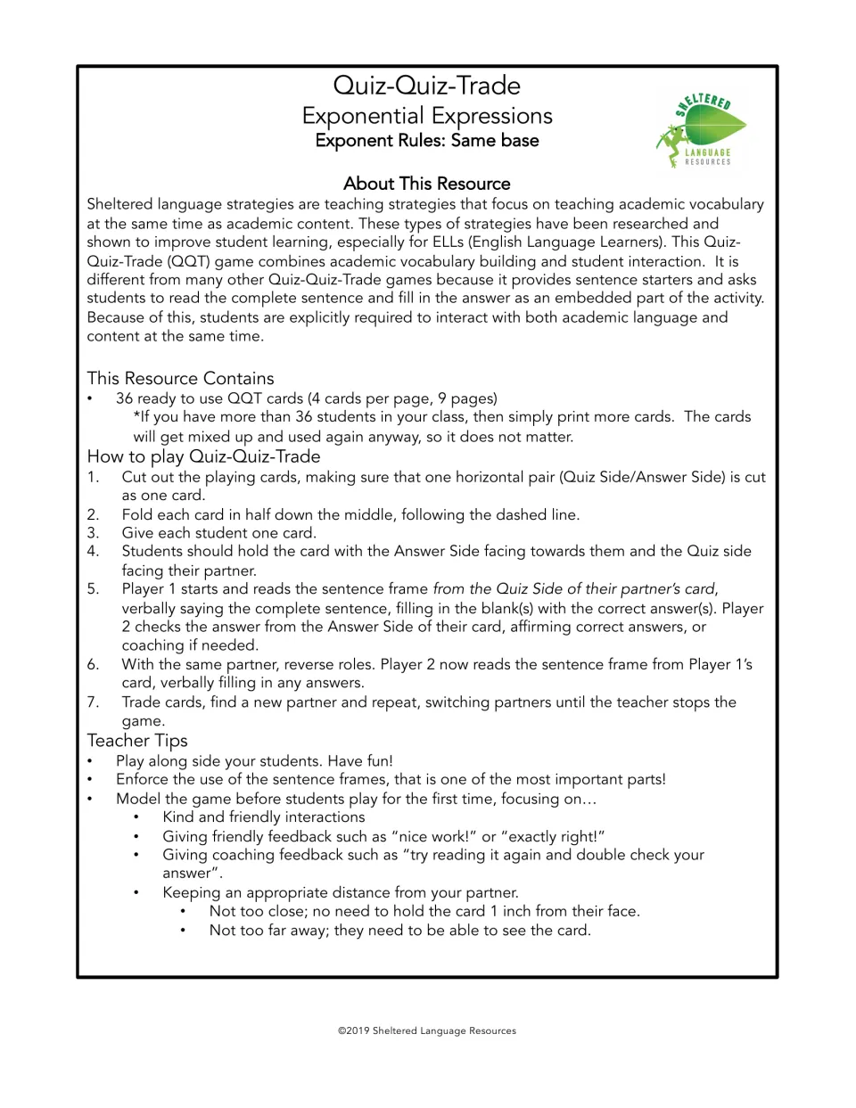 Quiz-Quiz-Trade, exponent rules for same base: about the resource, 36 fold cards, 7 steps to play and teacher tips