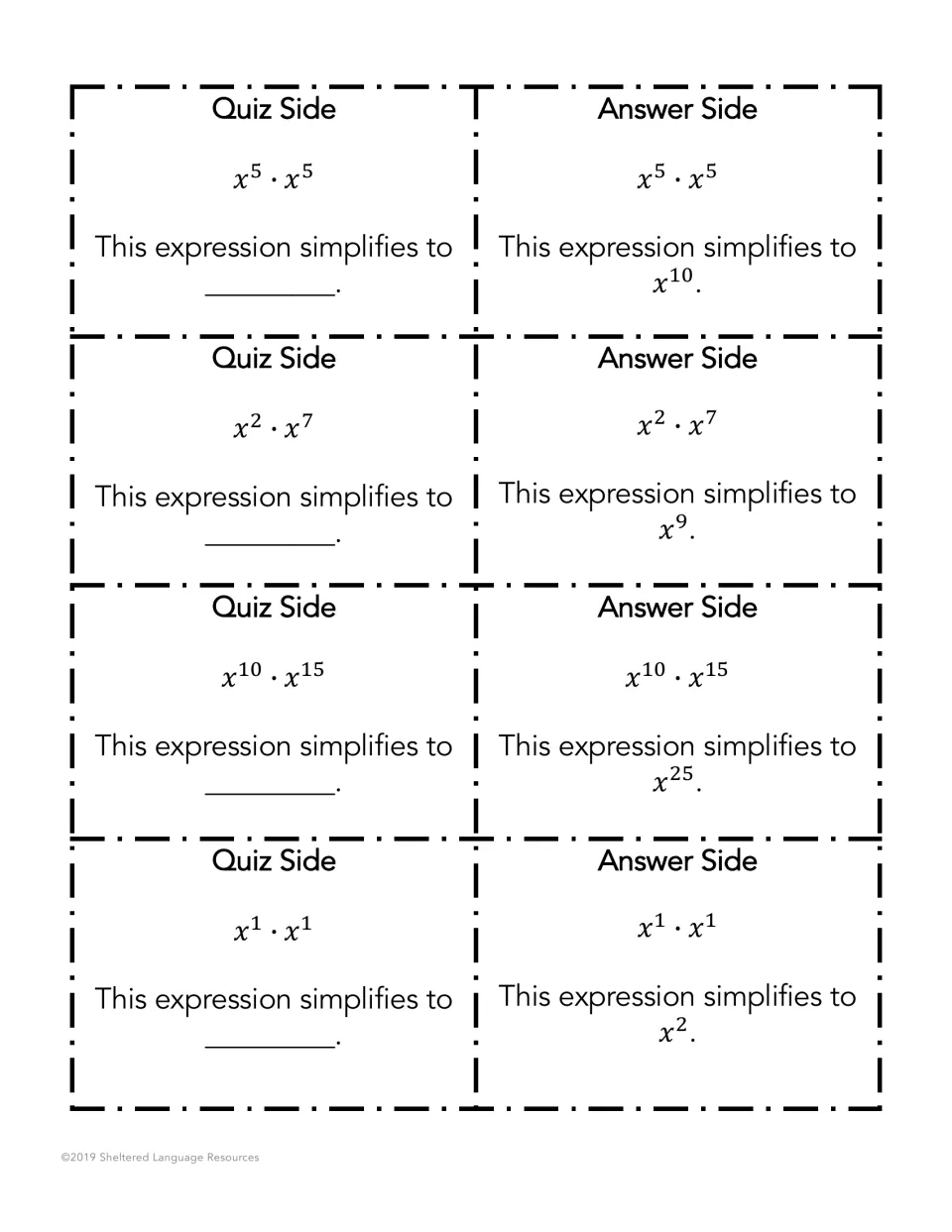 Product rule with base x: four fold cards ask what x^5·x^5, x^2·x^7, x^10·x^15 and x^1·x^1 simplify to, answers beside