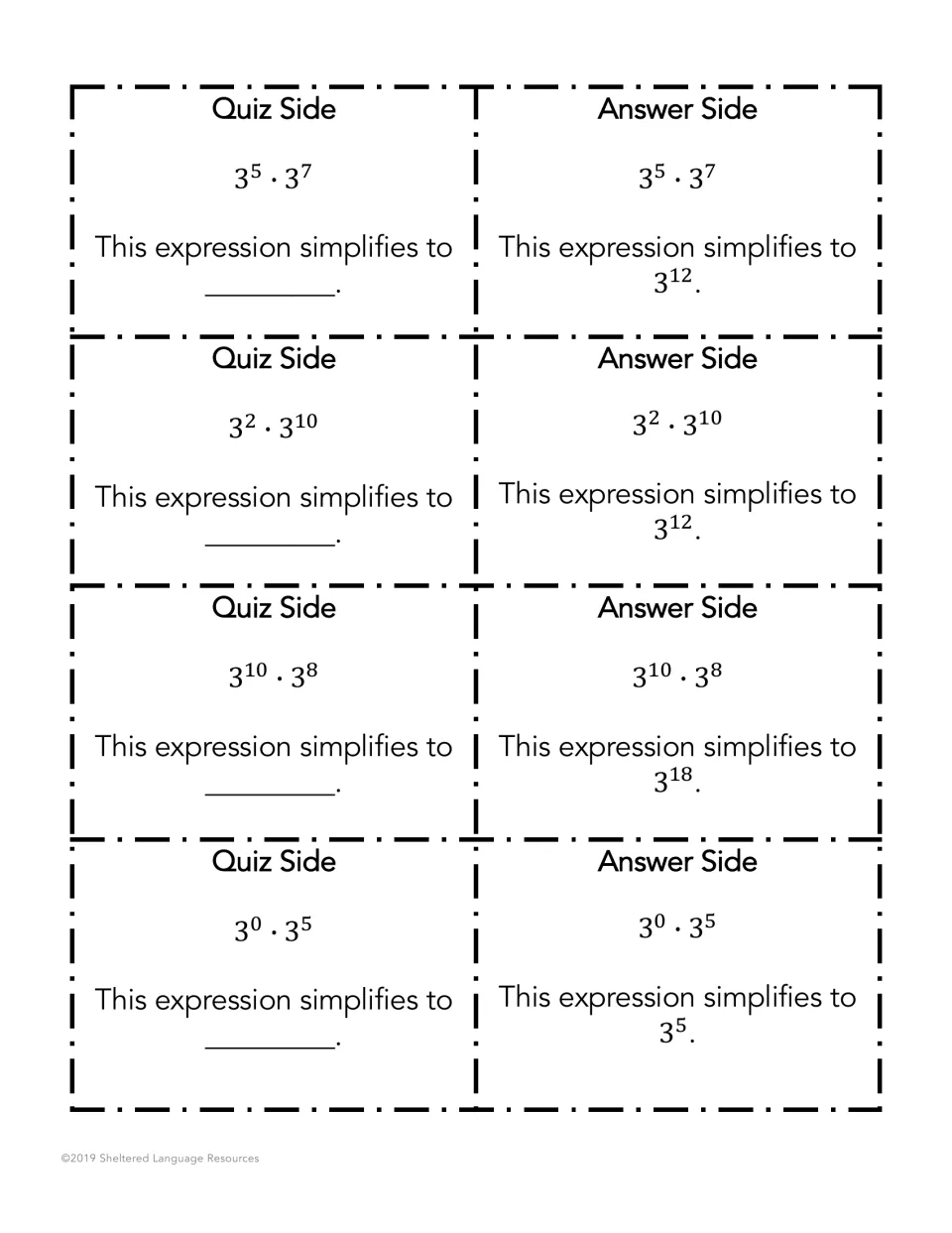 Multiplying powers of 3: four Quiz Side cards such as 3^5·3^7 and 3^0·3^5, each with an Answer Side showing the answer