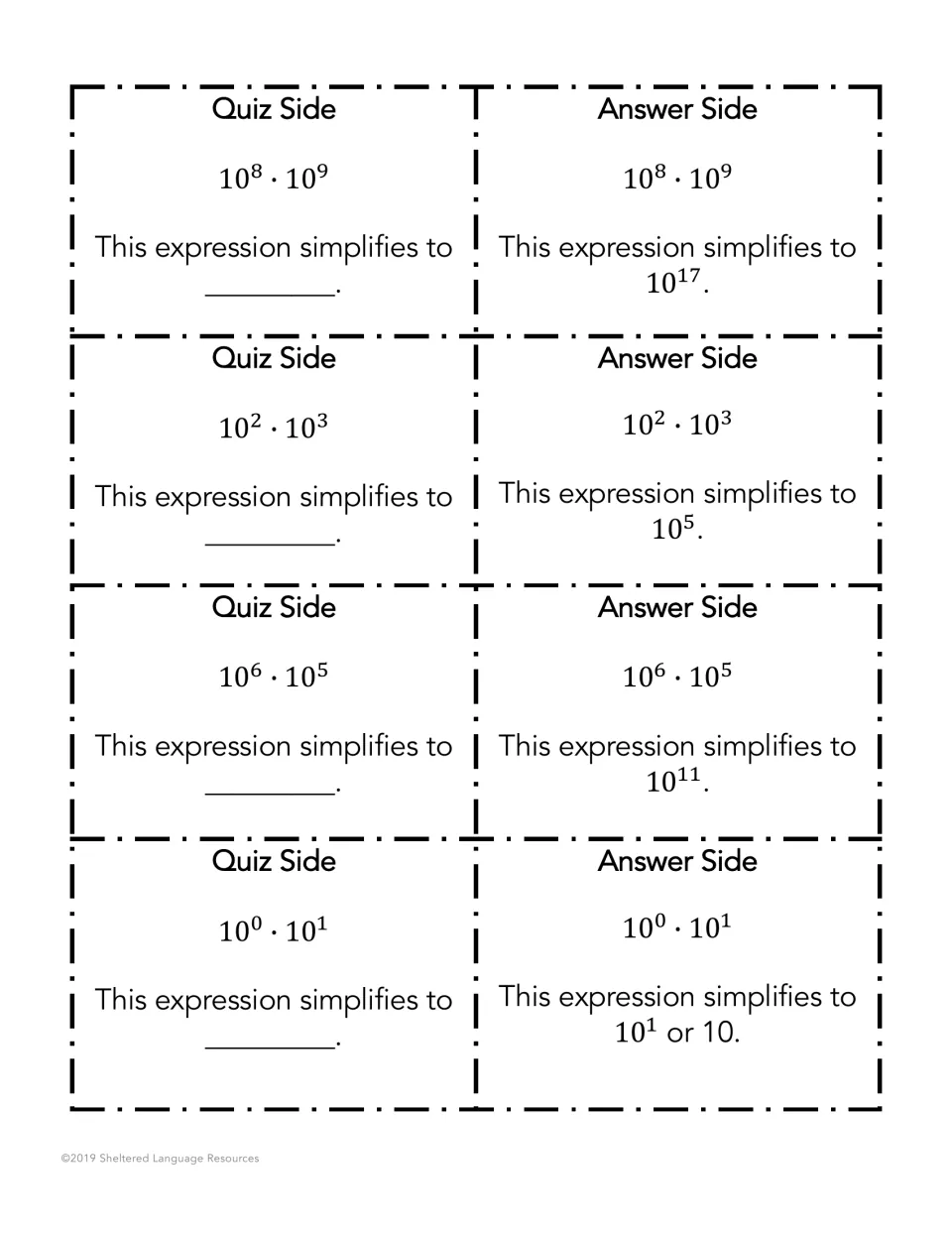 Powers of 10 with the same base: fold cards for 10^8·10^9, 10^2·10^3, 10^6·10^5 and 10^0·10^1, with answers shown