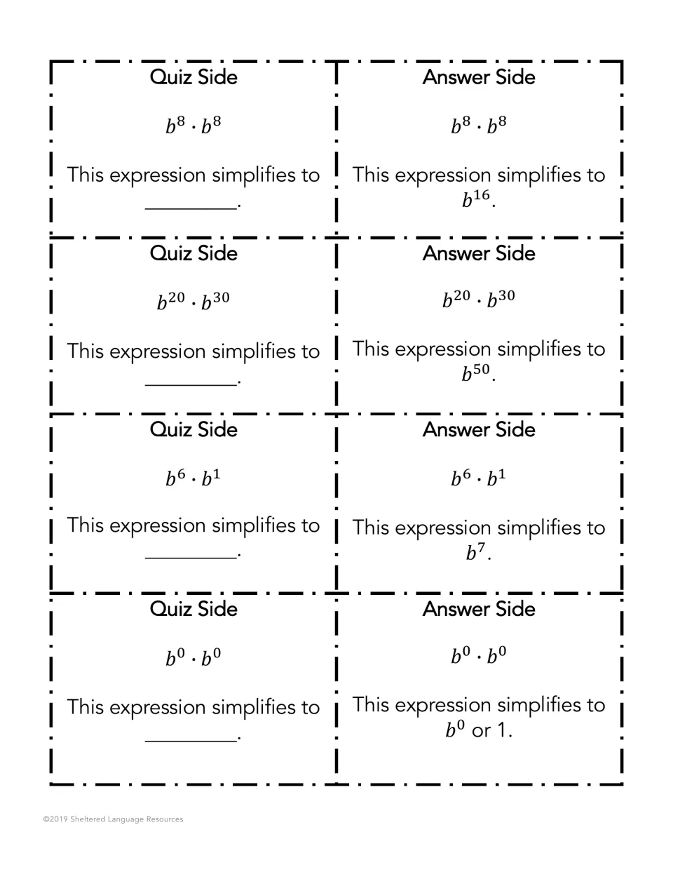 Adding exponents with base b: cards for b^8·b^8, b^20·b^30, b^6·b^1 and b^0·b^0, where the answer side gives b^0 or 1