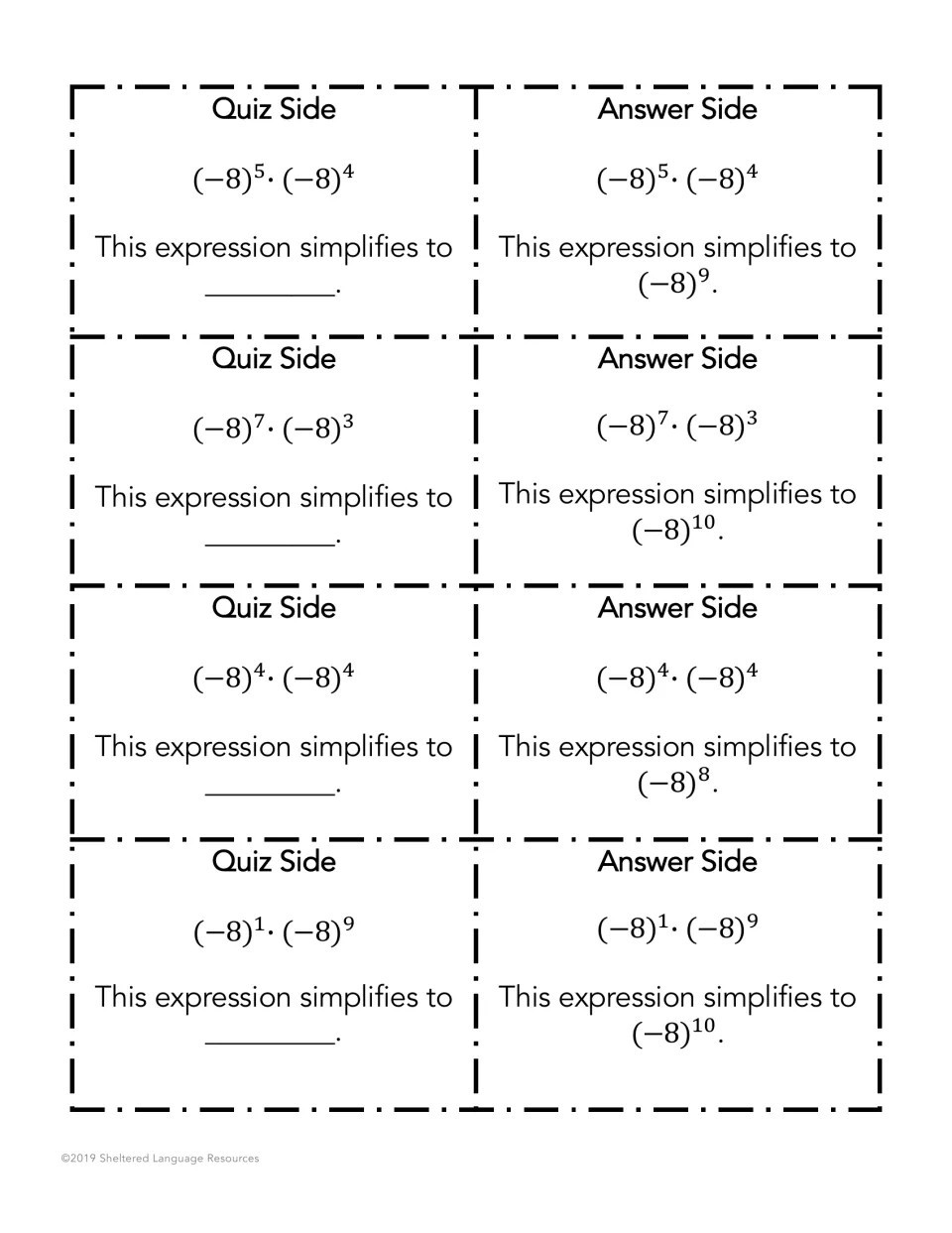 Negative base (−8) cards: partners simplify (−8)^5·(−8)^4 through (−8)^1·(−8)^9 aloud, checking answers like (−8)^10