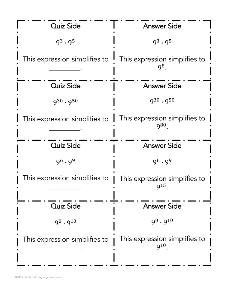 Base 9 products: cards for 9^3·9^5, 9^30·9^50, 9^6·9^9 and 9^0·9^10; students say the summed power, e.g. 9^80