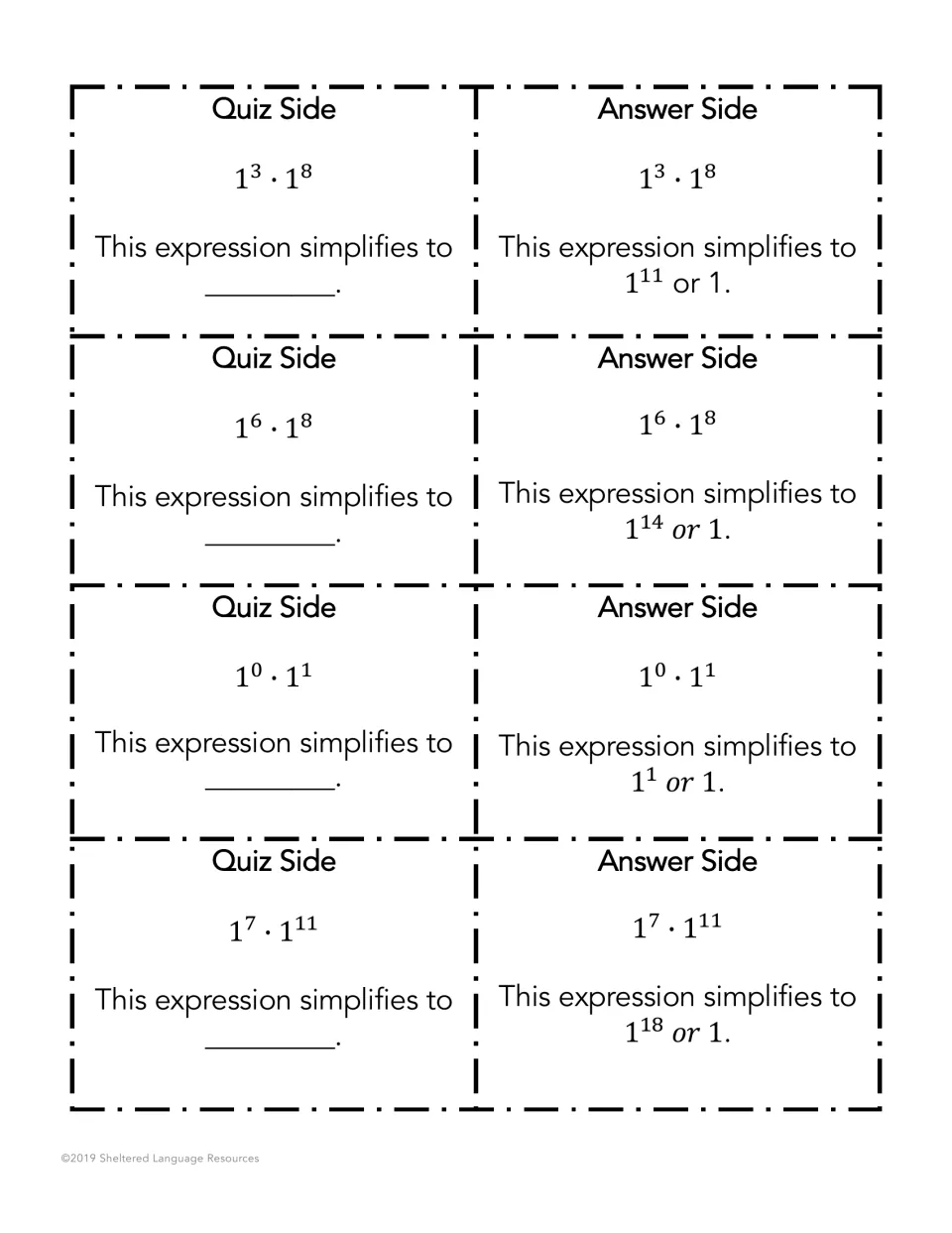 Powers of 1: cards such as 1^3·1^8 and 1^7·1^11; students simplify each product and the answer side shows 1^18 or 1
