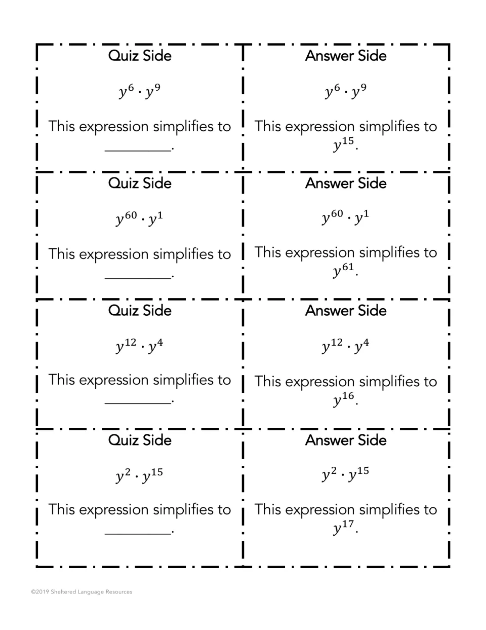 Base y product rule: cards for y^6·y^9, y^60·y^1, y^12·y^4 and y^2·y^15; students complete the sentence frame aloud