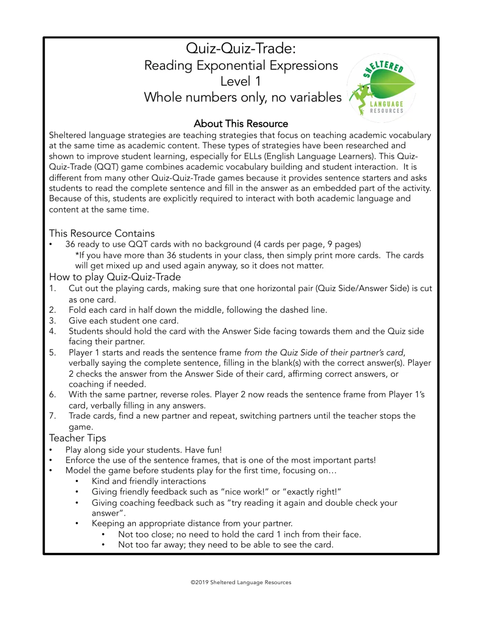 Quiz-Quiz-Trade: Reading Exponential Expressions Level 1 title page with about, contents, 7 play steps and teacher tips
