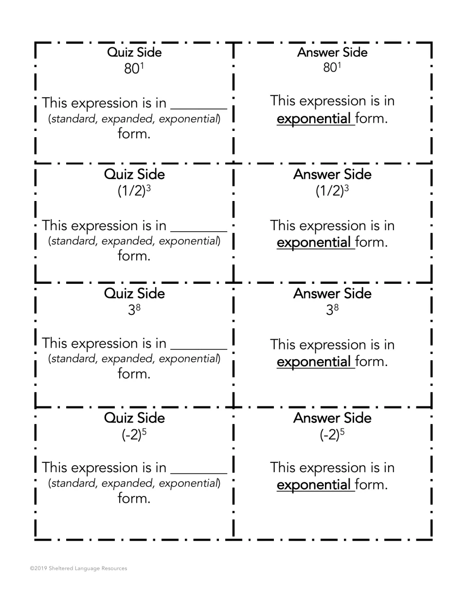 Exponential form cards: students name the form of 80^1, (1/2)^3, 3^8 and (-2)^5 using a sentence frame; answer side shown